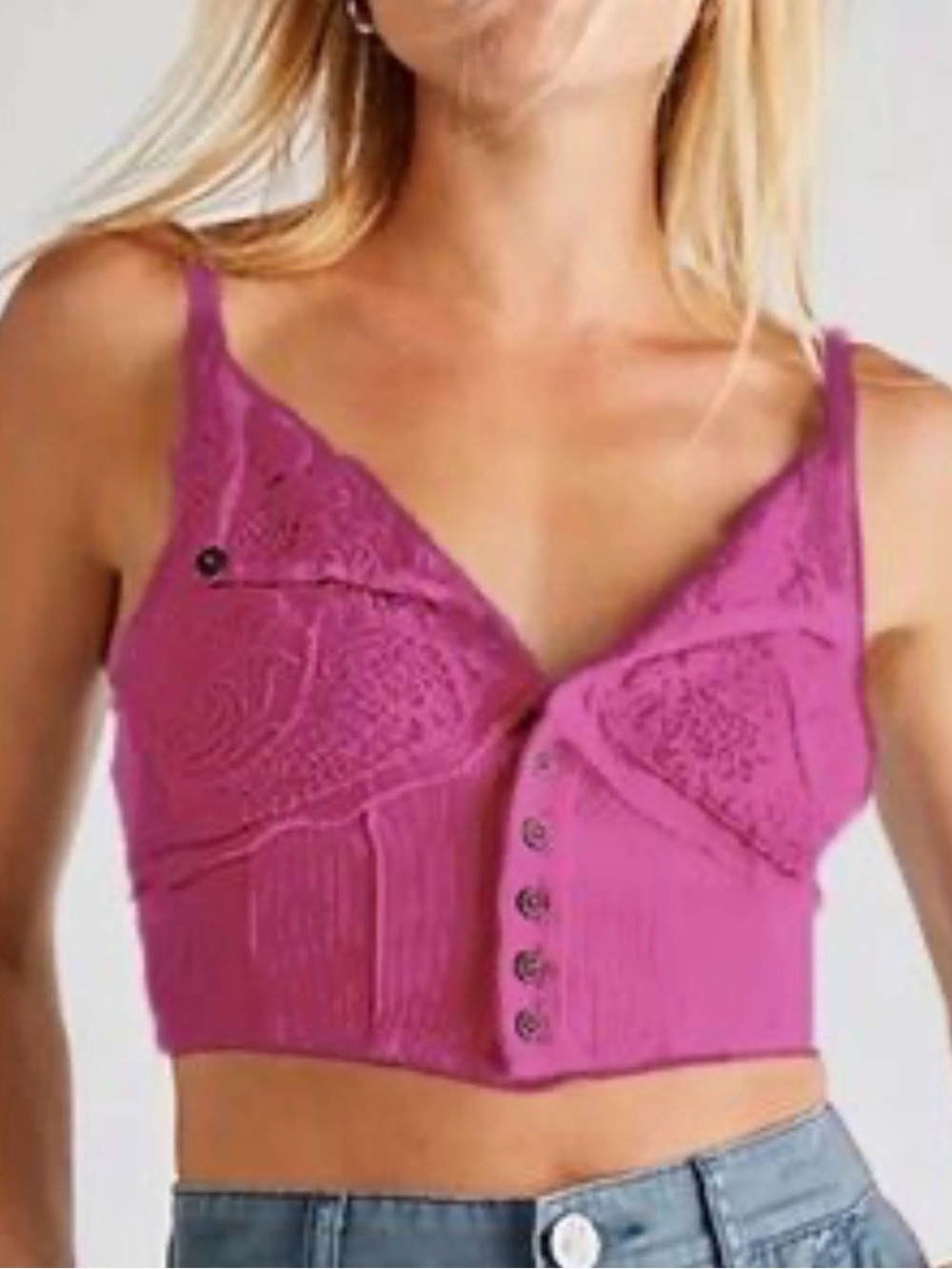 Free People “Have My Heart”Fuchsia Lace Button-Front Crop Top
